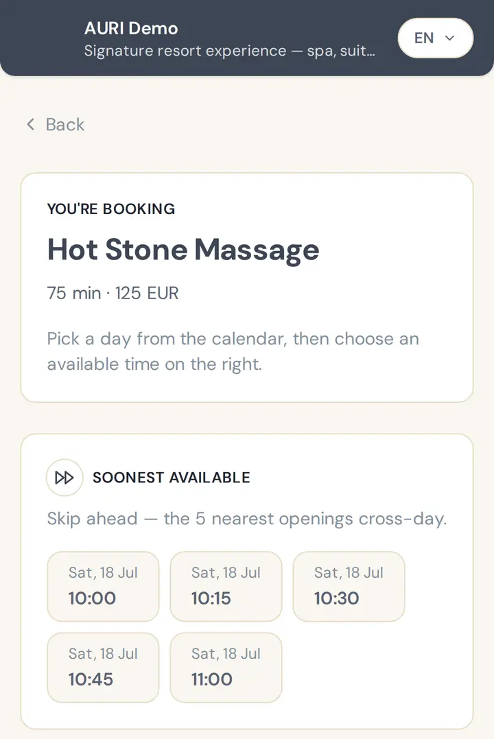 AURI guest booking on a phone — hot stone massage with the five soonest available slots