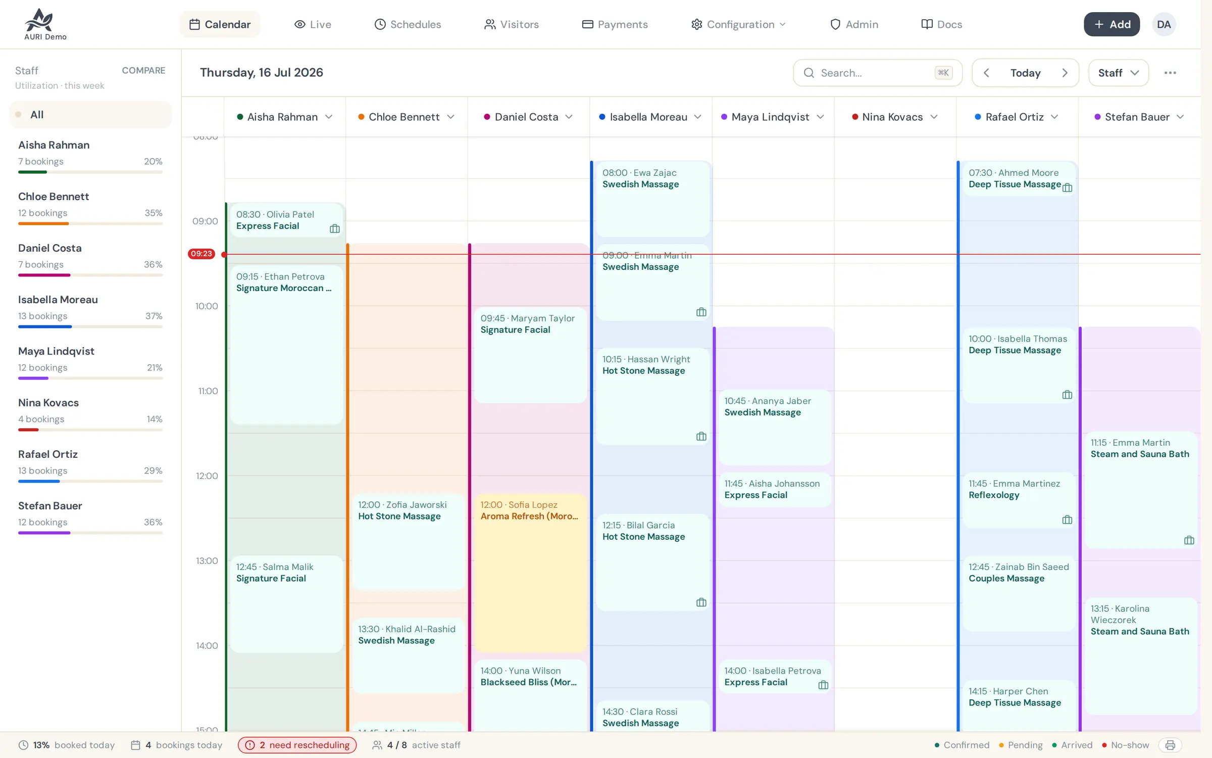 AURI staff calendar — eight therapists' day side by side, every booking placed without a collision